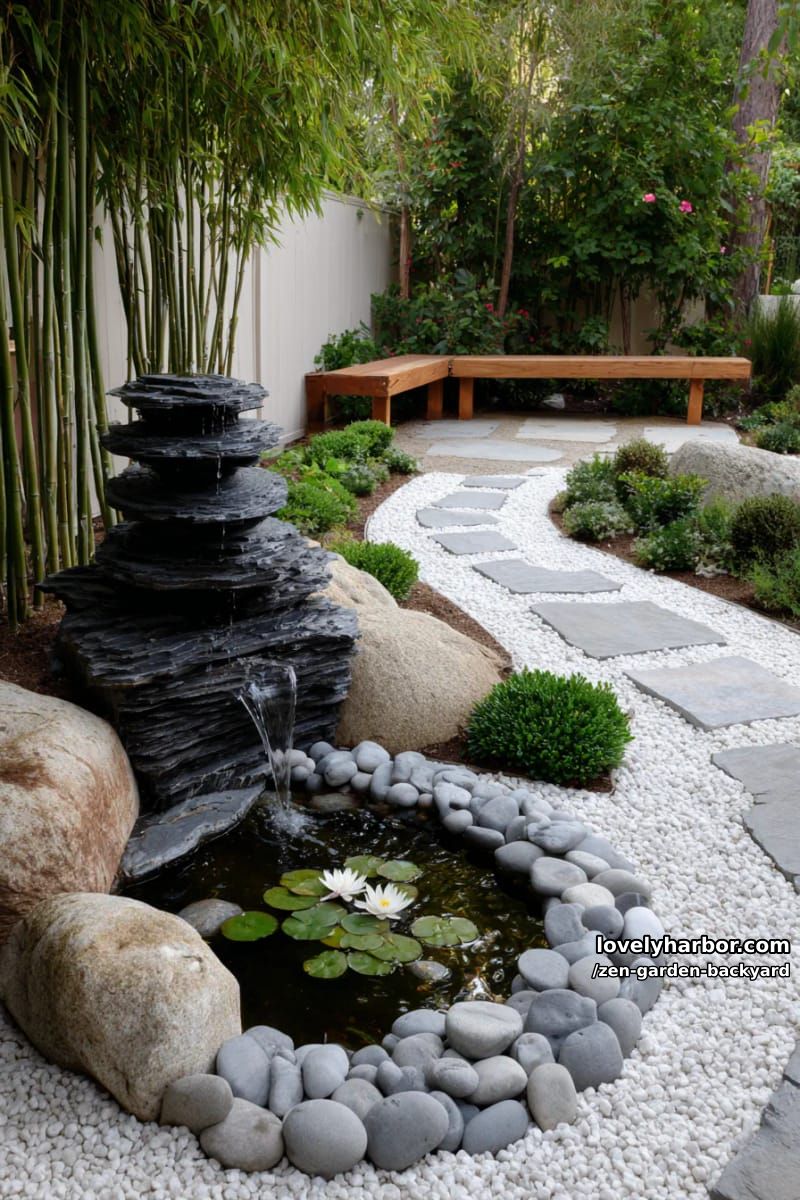 backyard garden with pebble pathway, water fountain, and circular pond. 1