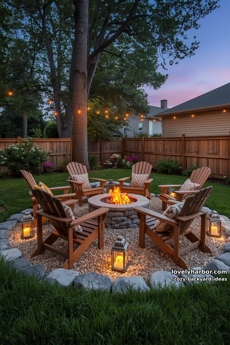 backyard patio with fire pit, adirondack chairs, lanterns, and fairy lights 1