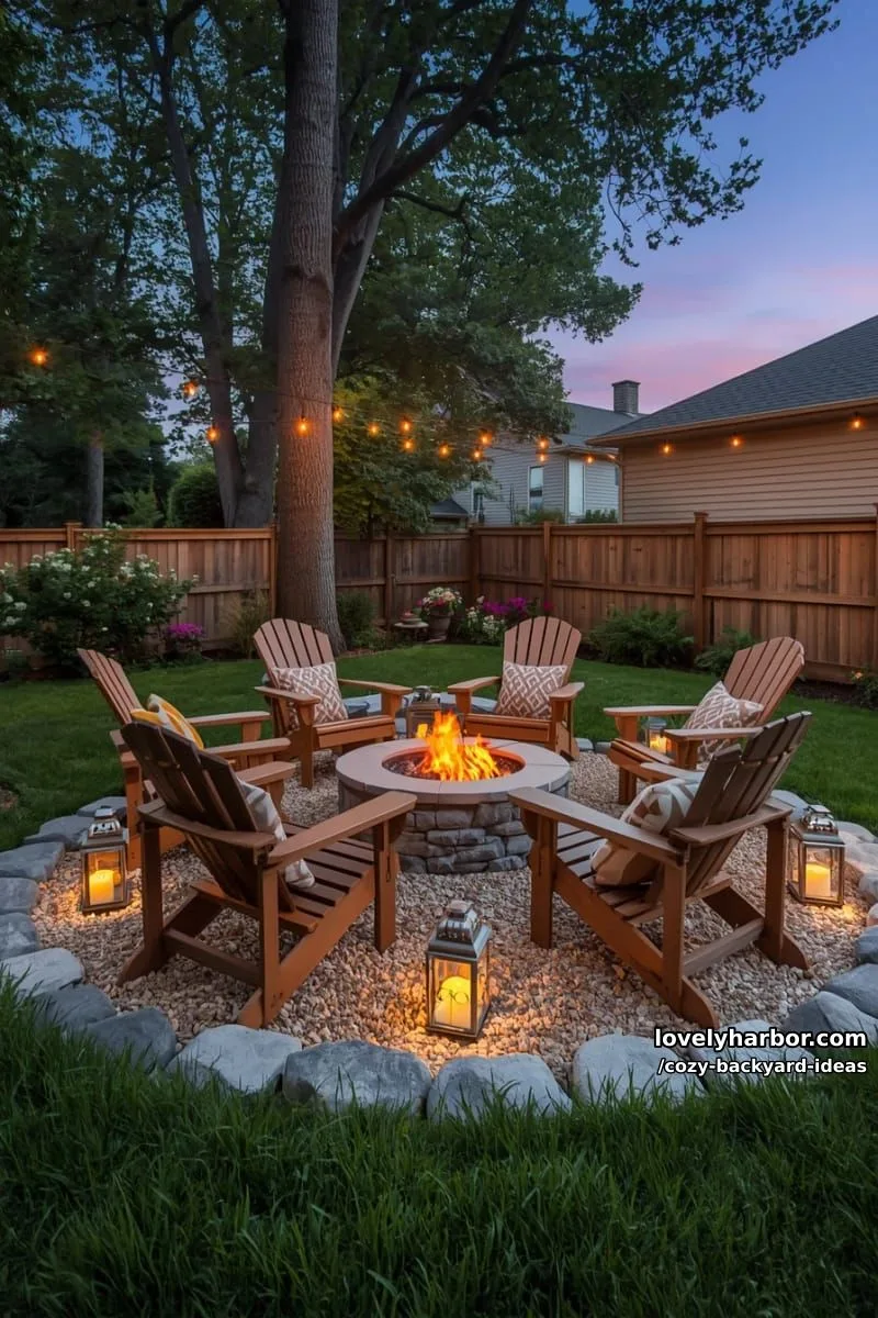 20 Cozy Backyard Ideas You Must Try 5 backyard patio with fire pit, adirondack chairs, lanterns, and fairy lights 1