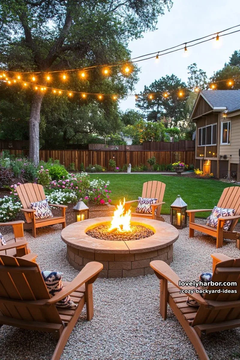 20 Cozy Backyard Ideas You Must Try 6 backyard patio with fire pit, adirondack chairs, lanterns, and fairy lights 1