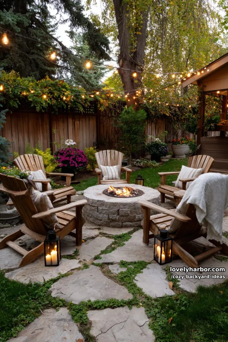 20 Cozy Backyard Ideas You Must Try 7 backyard patio with fire pit, adirondack chairs, lanterns, and fairy lights 1