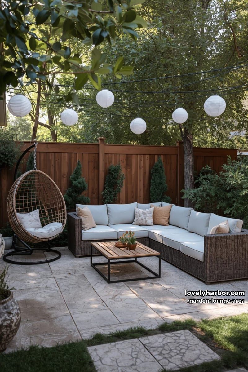 backyard patio with sectional, egg chair, and paper lanterns 1
