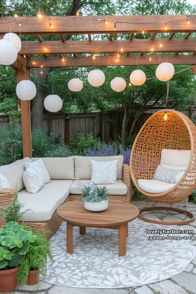 backyard patio with sectional, egg chair, and paper lanterns 1
