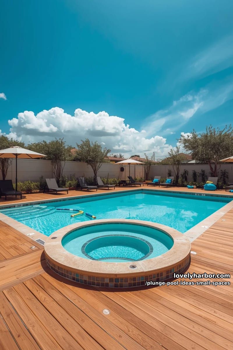 backyard plunge pool with white stone, connected hot tub, and water features. 1