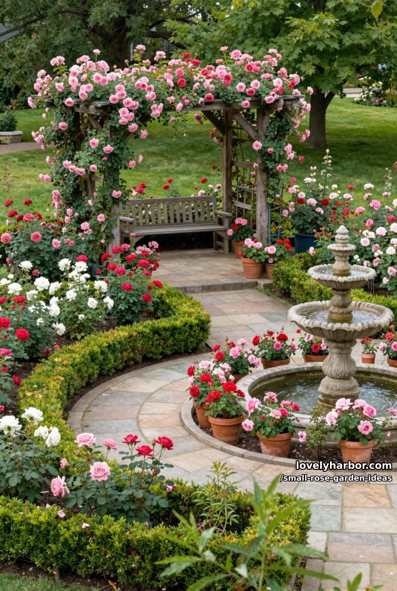 backyard rose garden with arbor, patio, and classic stone fountain. 1