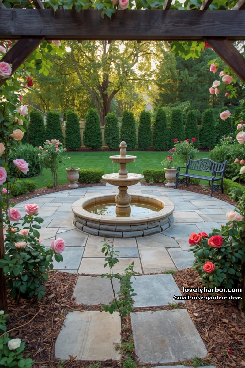 backyard rose garden with arbor, patio, and classic stone fountain. 1