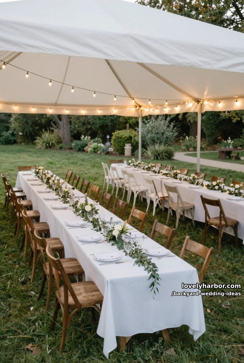 backyard wedding under white tent with rectangular tables and string lights. 1