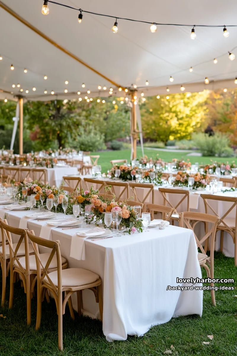 backyard wedding under white tent with rectangular tables and string lights. 1