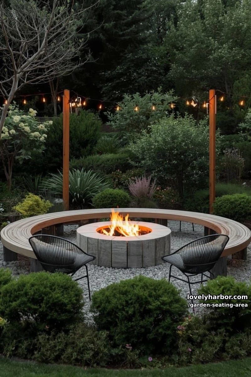 backyard with circular bench, fire pit, string lights, shrubs, and wire chairs 1