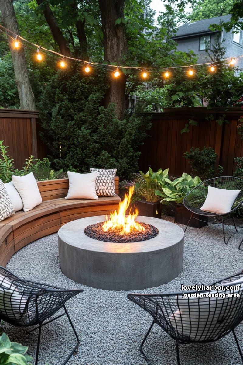 backyard with circular bench, fire pit, string lights, shrubs, and wire chairs 1