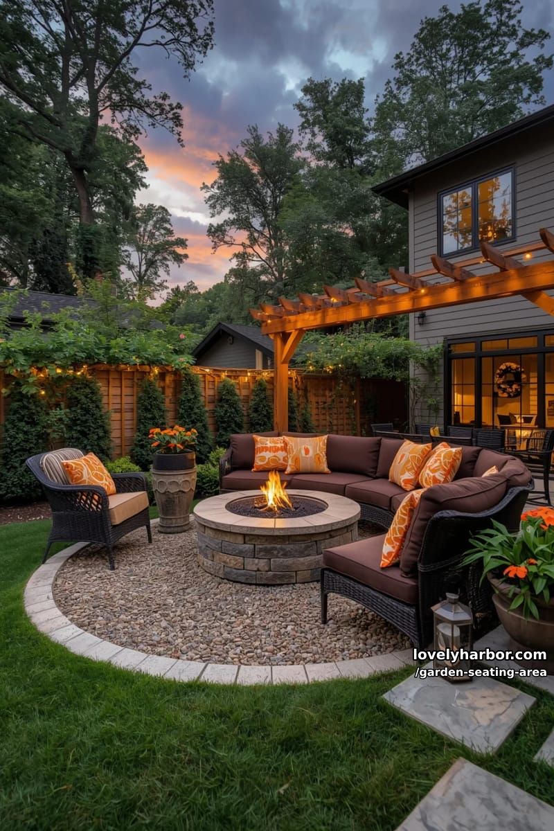 backyard with circular fire pit, curved sofa, pergola, string lights, and flowers 1