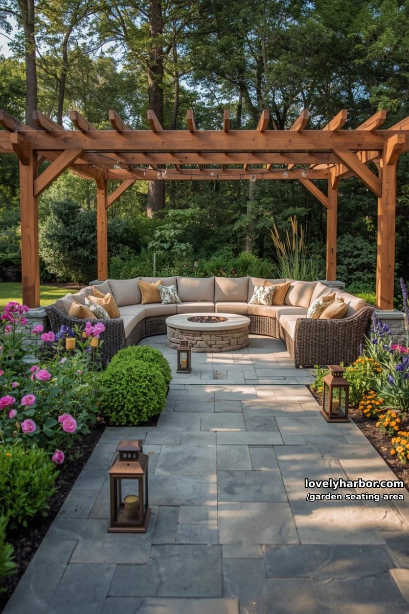 backyard with circular fire pit, curved sofa, pergola, string lights, and flowers 1
