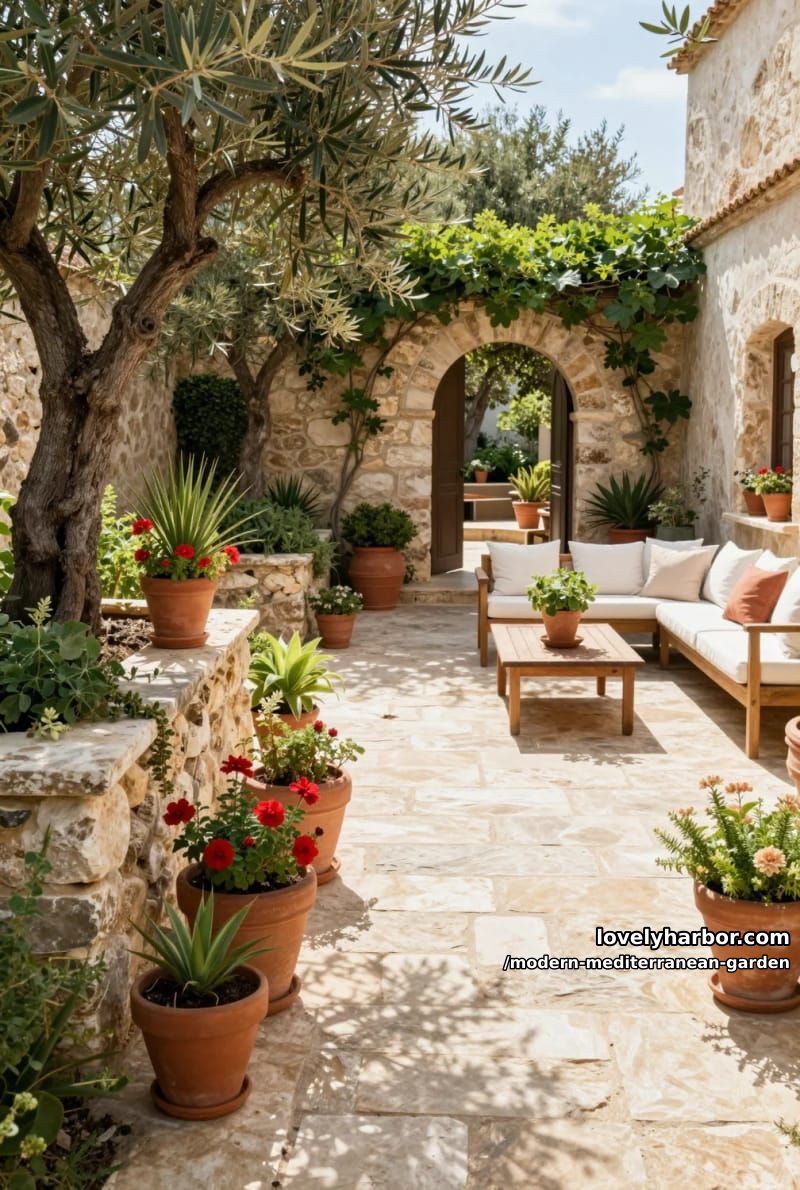 backyard with stone pathways, olive trees, terracotta pots, arched entrance, and cozy seating. 1