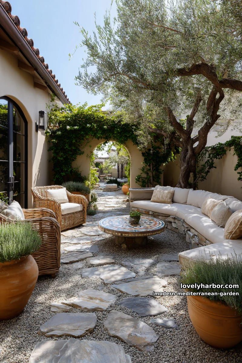 backyard with stone pathways, olive trees, terracotta pots, arched entrance, and cozy seating. 1