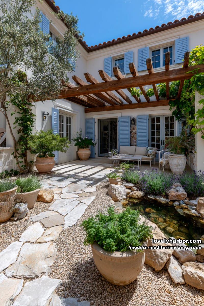 backyard with terracotta pots, stone paths, pond, pergola, olive branches, blue shutters. 1