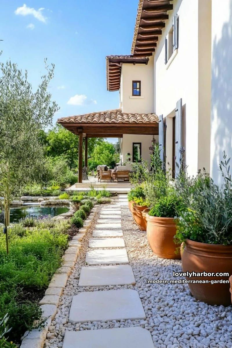backyard with terracotta pots, stone paths, pond, pergola, olive branches, blue shutters. 1