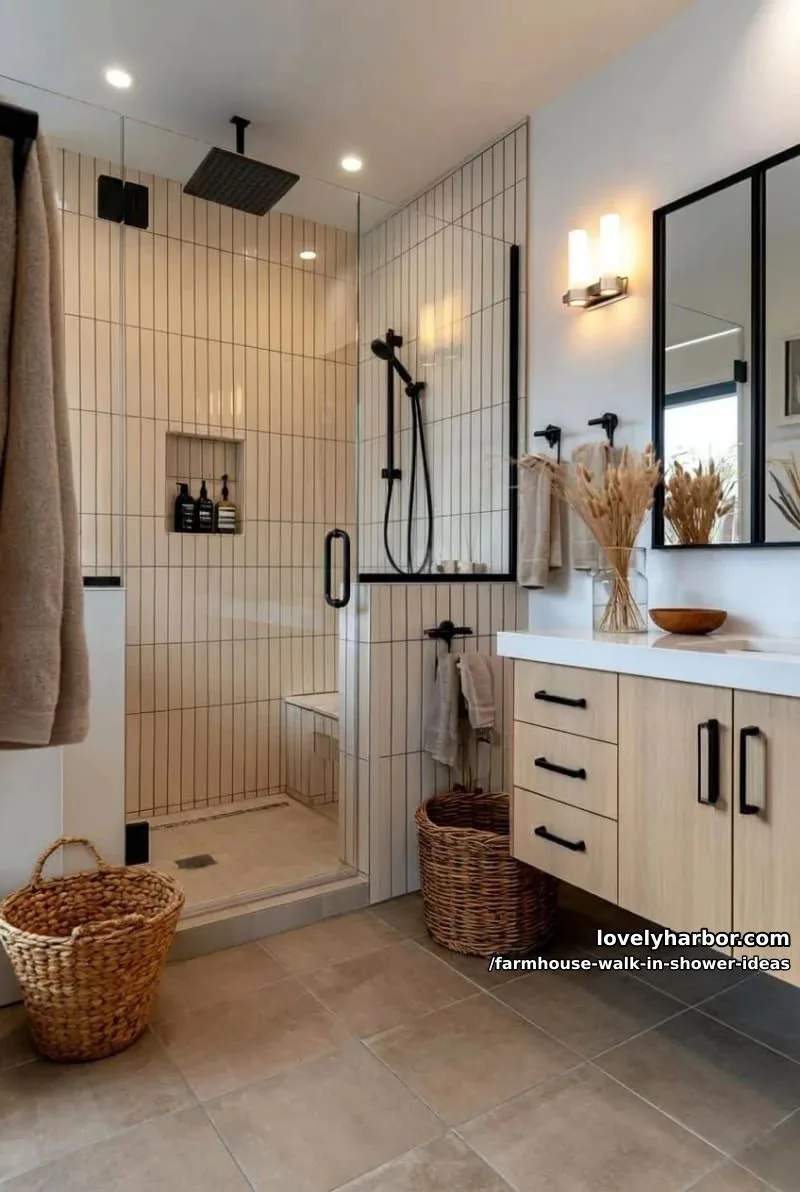 bathroom with vertical beige tiles, black fixtures, glass partition, and wood vanity. 1