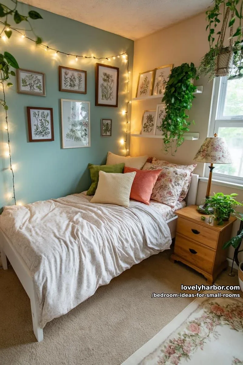 23 Unique Bedroom Ideas for Small Rooms 23 bedroom corner with single bed, botanical art, and string lights. 1