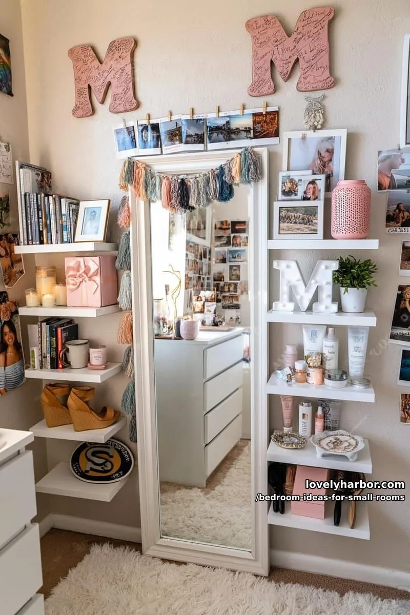 23 Unique Bedroom Ideas for Small Rooms 19 bedroom corner with wall mirror, floating shelves, and personalized decor. 1