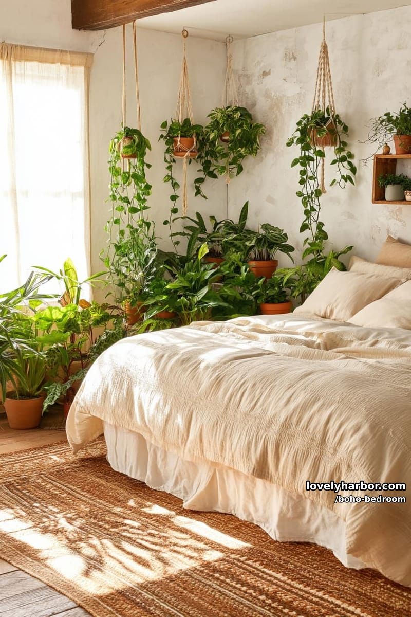 bedroom filled with green plants, cream bedding, and macrame hangers. 1