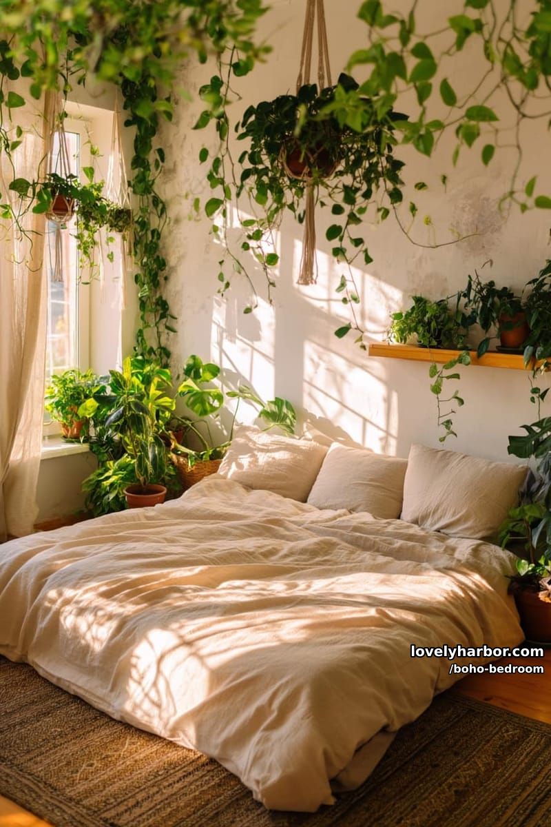 bedroom filled with green plants, cream bedding, and macrame hangers. 1