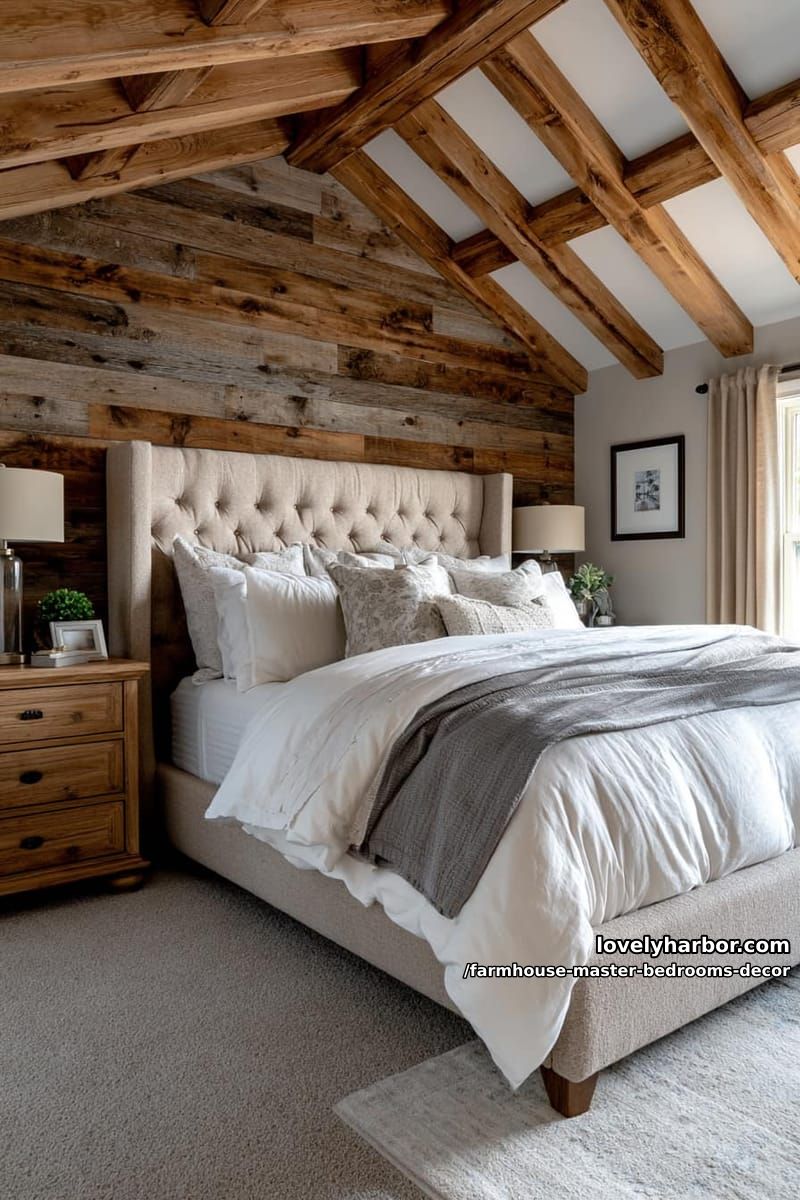 bedroom with exposed beams, rustic accent wall, and neutral bedding. 1