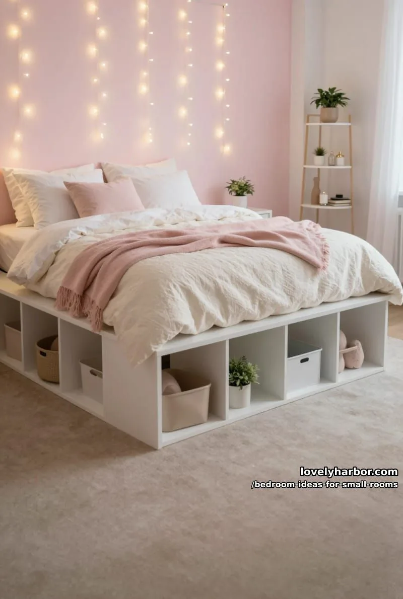 23 Unique Bedroom Ideas for Small Rooms 17 bedroom with raised platform bed, fairy lights, and pastel accents. 1