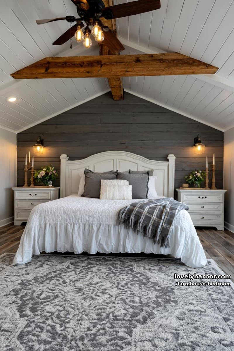 bedroom with vaulted shiplap ceiling, dark accent wall, and white ruffled bedding. 1