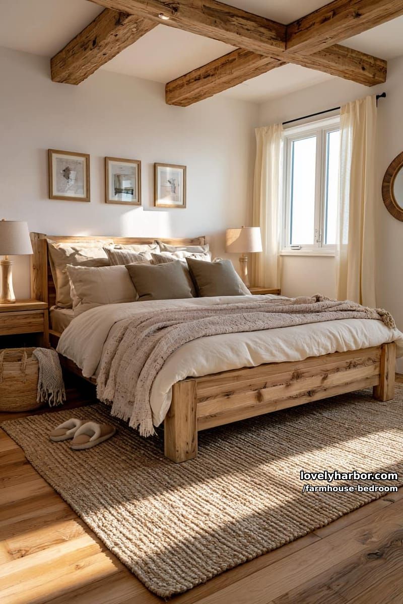 bedroom with warm lighting, wooden bed, woven basket, and exposed ceiling beams. 1