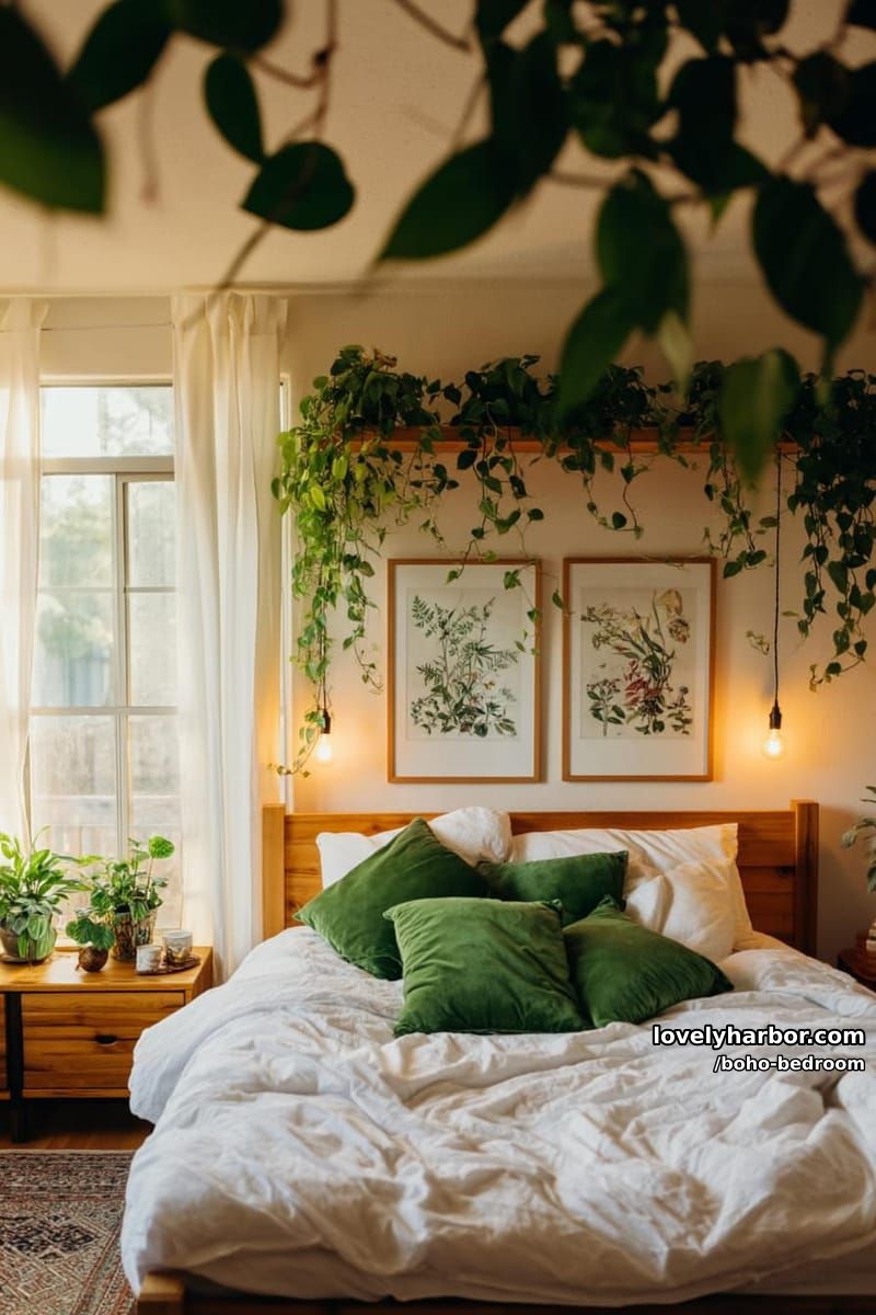bedroom with wooden bed, green velvet pillows, and hanging trailing plants. 1