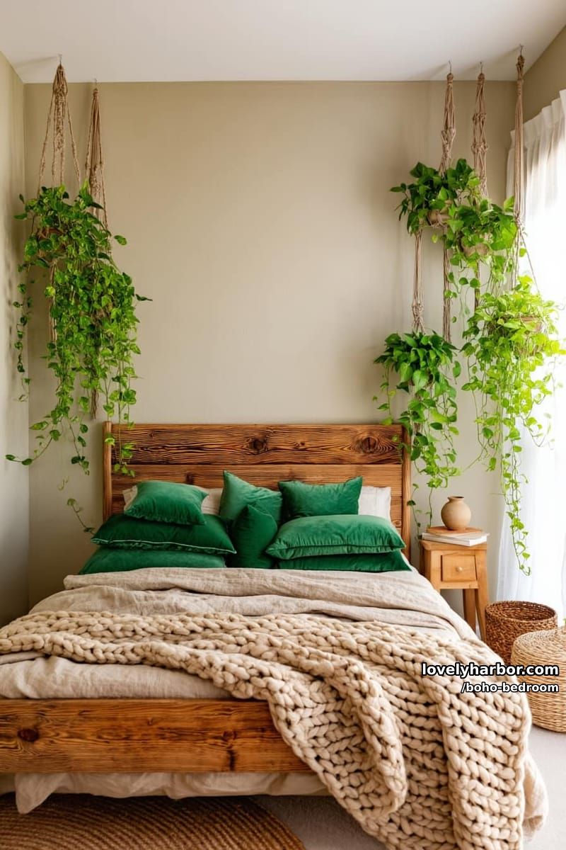 bedroom with wooden bed, green velvet pillows, and hanging trailing plants. 1