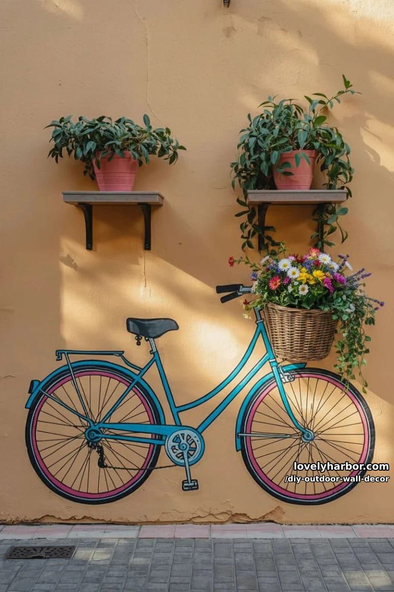 bicycle mural with real plants creating a 3d wall illusion 1