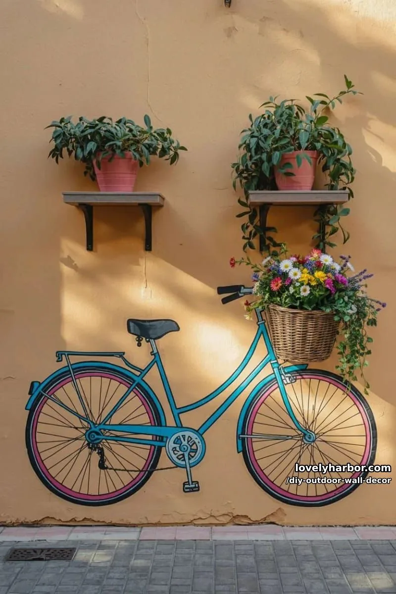 20 Easy DIY Outdoor Wall Decor Ideas You'll Love 18 bicycle mural with real plants creating a 3d wall illusion 1