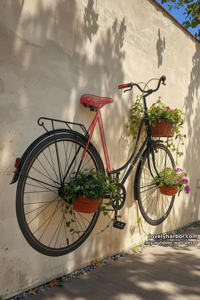 bicycle mural with real plants creating a 3d wall illusion 1