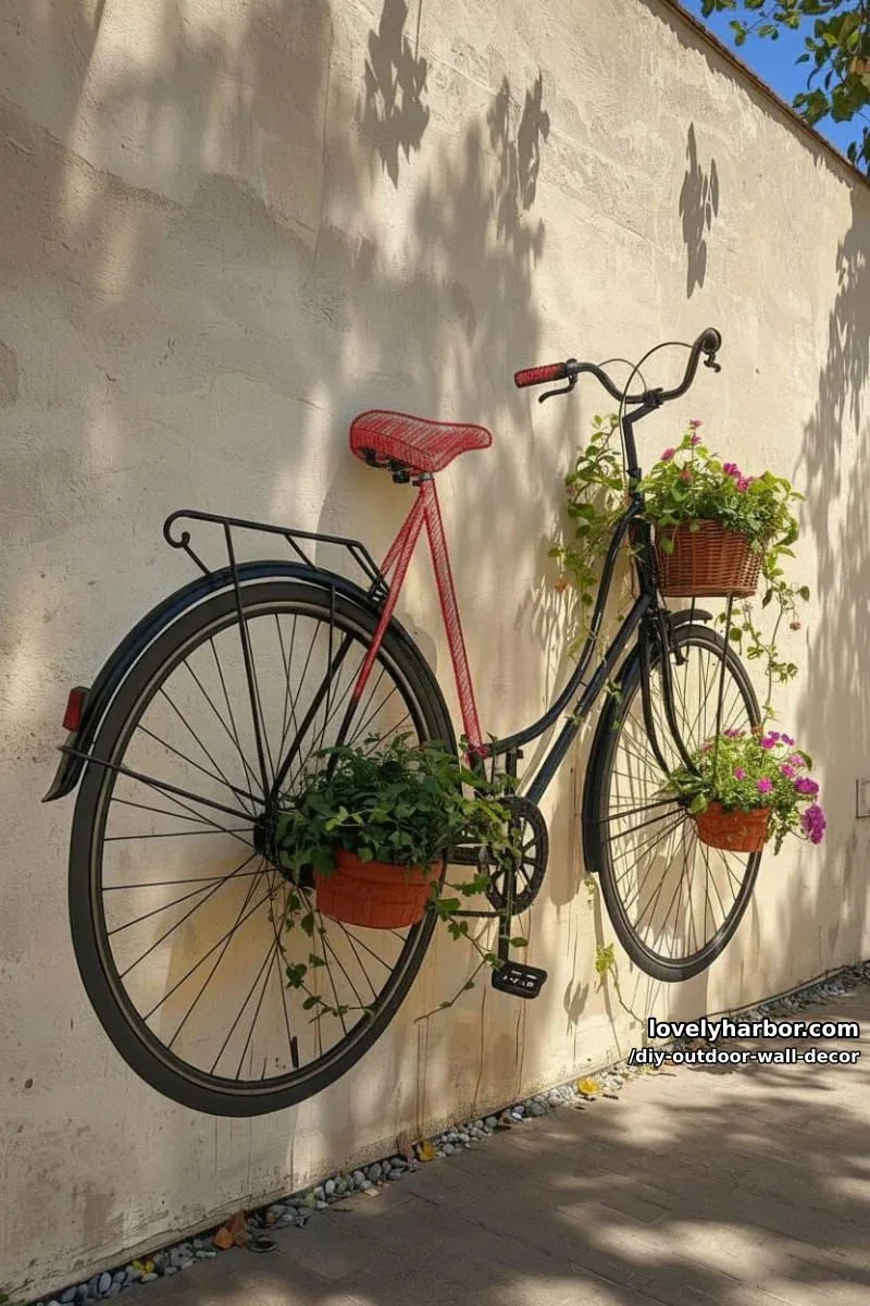 20 Easy DIY Outdoor Wall Decor Ideas You'll Love 19 bicycle mural with real plants creating a 3d wall illusion 1