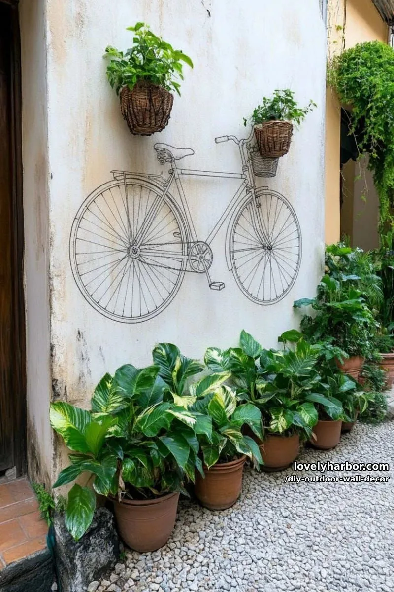 20 Easy DIY Outdoor Wall Decor Ideas You'll Love 20 bicycle mural with real plants creating a 3d wall illusion 1
