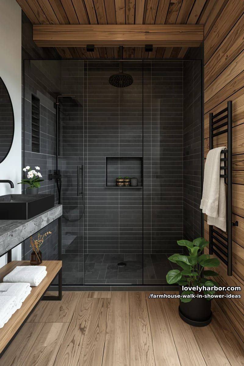 black-tiled walk-in shower, wood accents, rainfall shower, and plants. 1