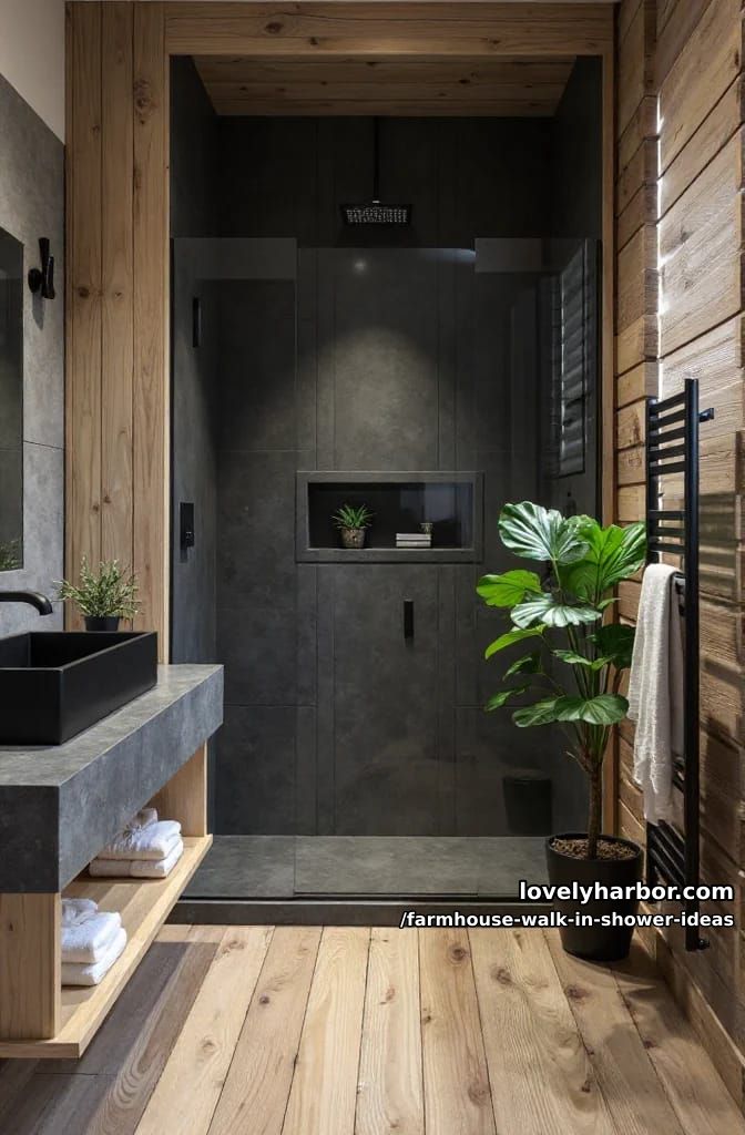 black-tiled walk-in shower, wood accents, rainfall shower, and plants. 1
