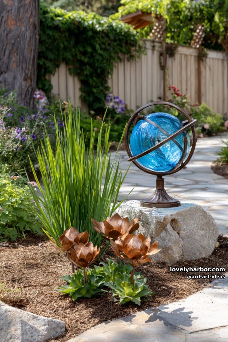 blue glass ornament, armillary sphere, and copper flowers as garden decor. 1