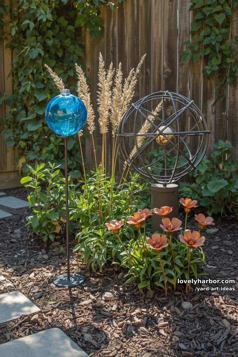 blue glass ornament, armillary sphere, and copper flowers as garden decor. 1
