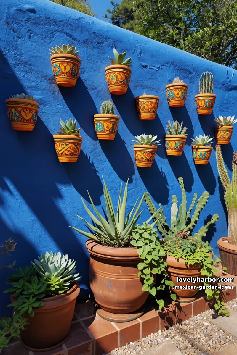 blue stucco wall with colorful ceramic pots of succulents and cacti. 1