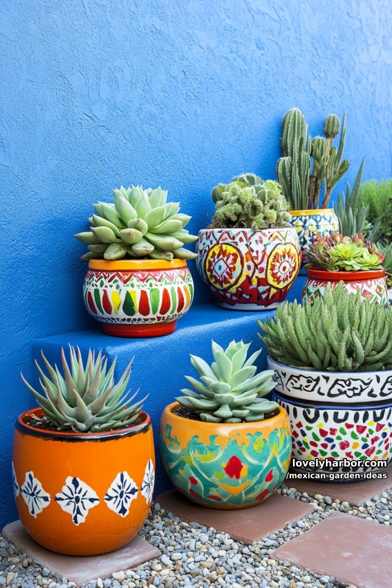 blue stucco wall with colorful ceramic pots of succulents and cacti. 1