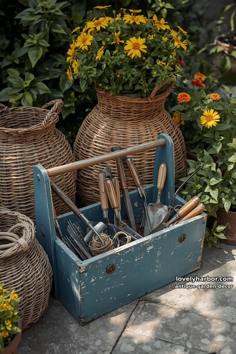 20 Antique Garden Decor Ideas for an Extraordinary Look 32 blue wooden toolbox of vintage tools with large woven wicker baskets nearby. 1