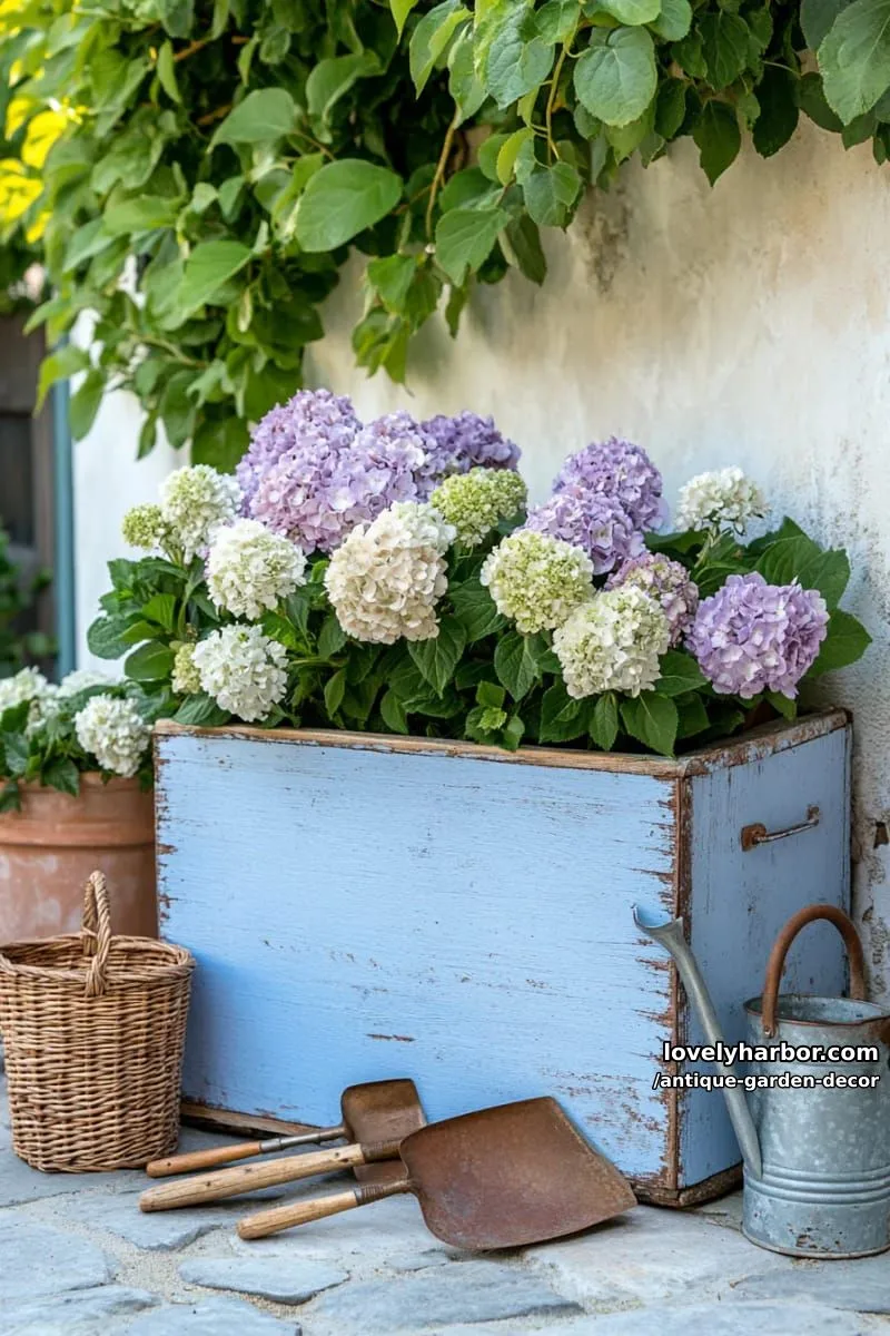 20 Antique Garden Decor Ideas for an Extraordinary Look 33 blue wooden toolbox of vintage tools with large woven wicker baskets nearby. 1