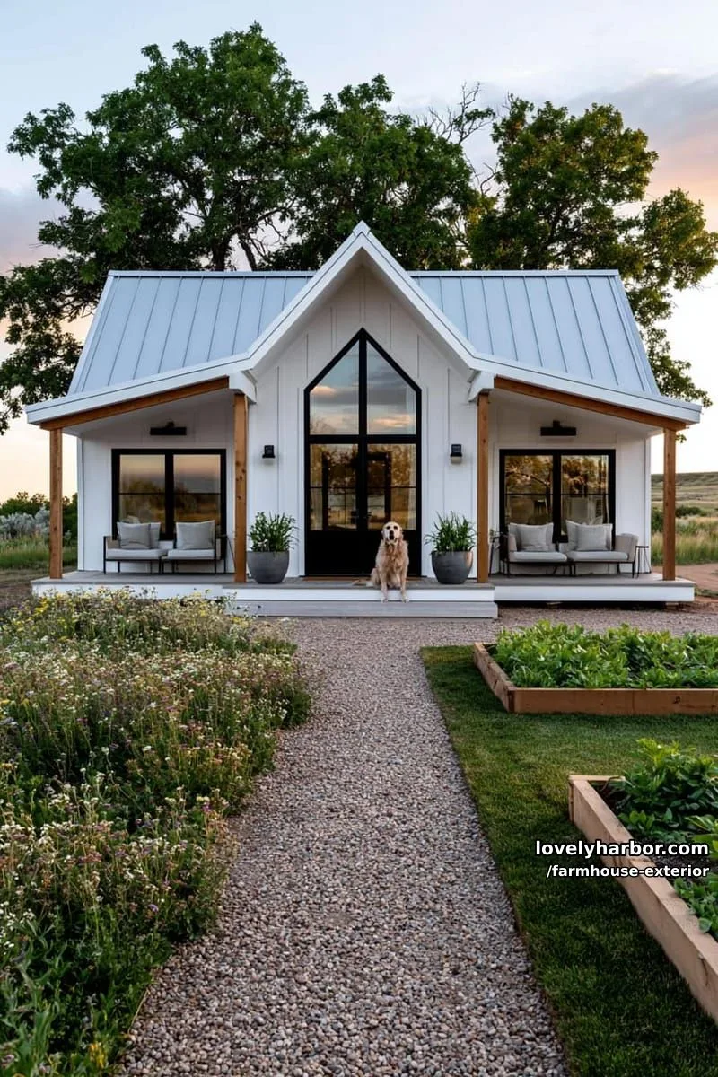 44 New Farmhouse Exterior Designs To Copy 47 board and batten farmhouse, metal roof, wraparound porch, cushioned seats, wildflower garden. 1