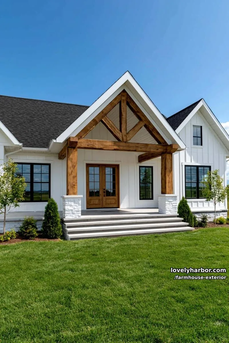 44 New Farmhouse Exterior Designs To Copy 19 board and batten farmhouse, steep gables, double wooden doors, manicured green lawn. 1
