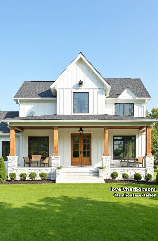 board and batten farmhouse, steep gables, double wooden doors, manicured green lawn. 1