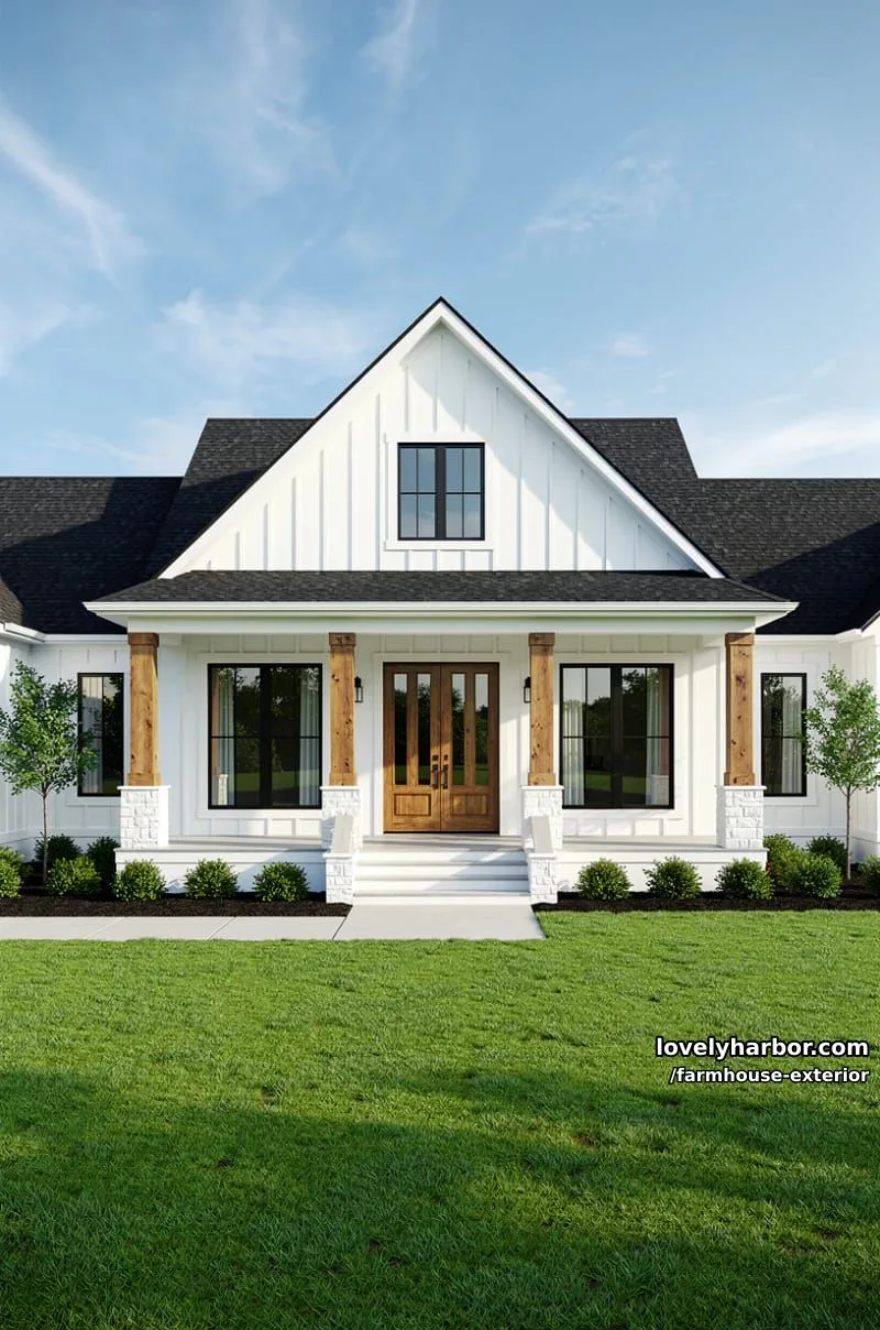 44 New Farmhouse Exterior Designs To Copy 21 board and batten farmhouse, steep gables, double wooden doors, manicured green lawn. 1