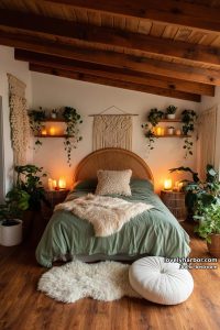 21 Best Boho Bedroom Ideas Trending This Year 4 bohemian bedroom with sage bedding, wicker furniture, and exposed wood beams. 31