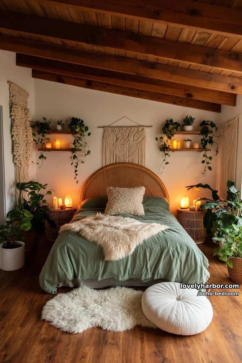 bohemian bedroom with sage bedding, wicker furniture, and exposed wood beams. 1